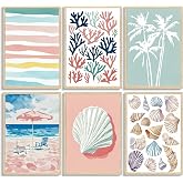 6Pcs Coastal Poster Wall Art,Artwork Boho Nautical Painting Picture Wall Decor,Beach Coral Shell Palm Tree Ocean Canvas Print