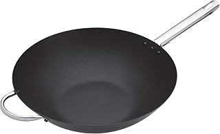 MasterClass, professioneller großer antihaftbeschichteter Wok für Induktionsherde aus Kohlenstoffstahl, Carbon, Schwarz, 35,5 cm