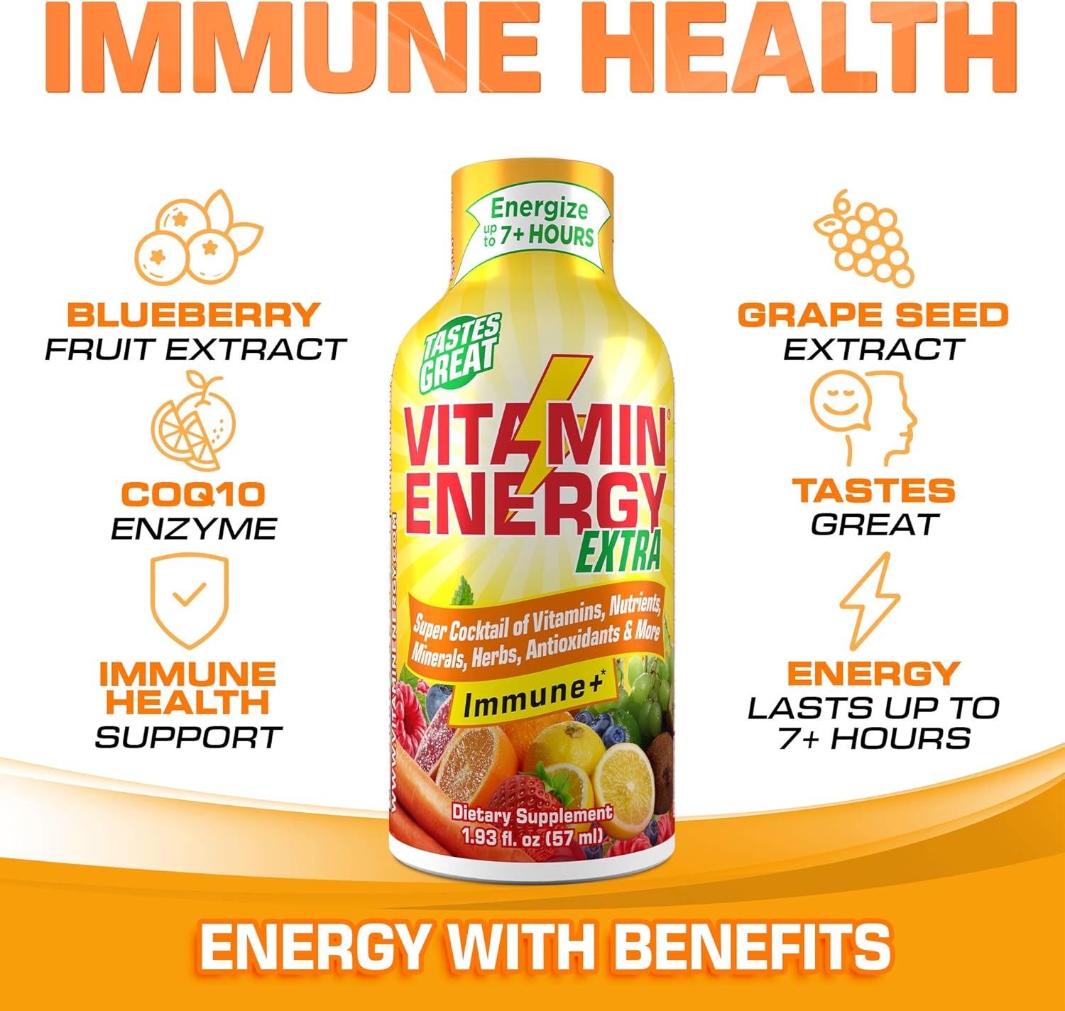 (12 Pack) VitaminEnergy™ Extra Immune+ Energy Shots, Last up to 7+ Hours. Citrus Energy Drink w/Vitamin Supplements Super Cocktail - Nutrients, Minerals, Herbs, Antioxidants Keto Drink, 1.93 fl oz ea: Health & Personal Care
