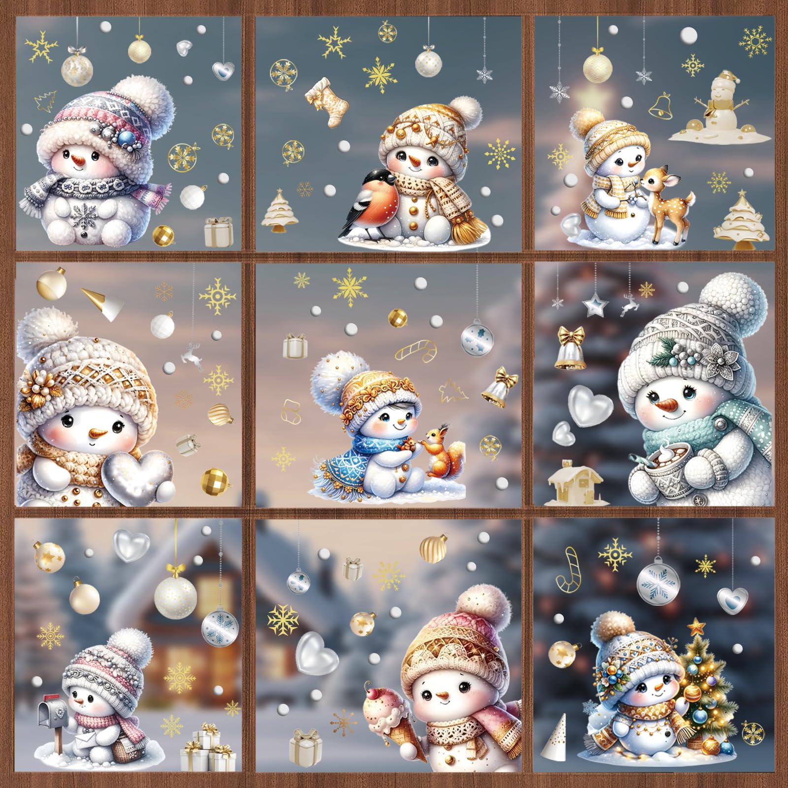 SALUOKE 195 Pcs Christmas Snowman Window Stickers, 9 Sheets PVC Static Snowflake Window Clings, Reusable Kids Christmas Sticker Decal, Xmas Decor for Christmas Home, Shop, Party Window Display