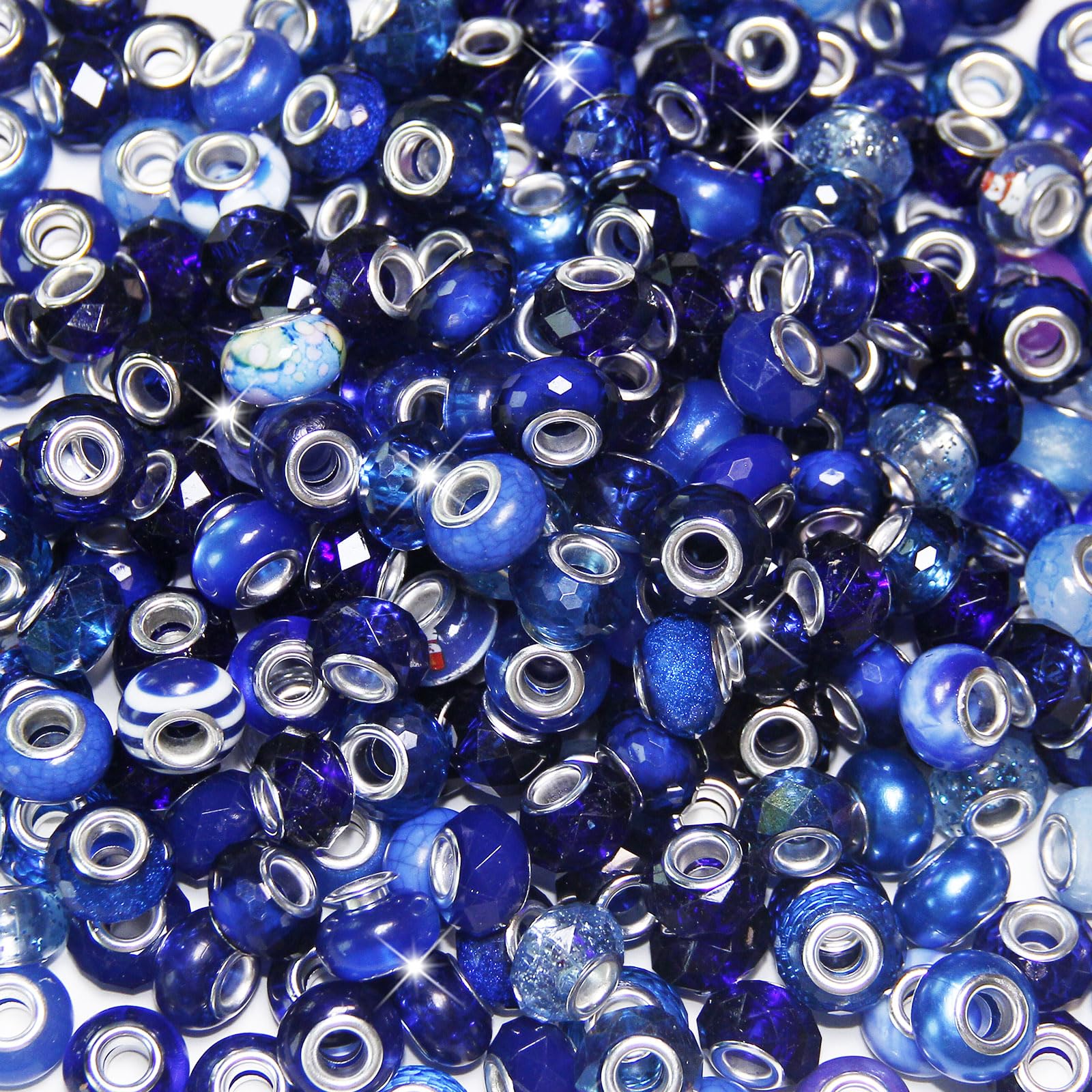 Photo 1 of 100 Pieces Large Hole Beads, Assorted European Craft Beads Dark Blue Big Hole Fairy Wands Garden Bead Large Hole Lampwork Spacer Bead for DIY Pens Charms Bracelet Necklace Jewelry Making Supplies