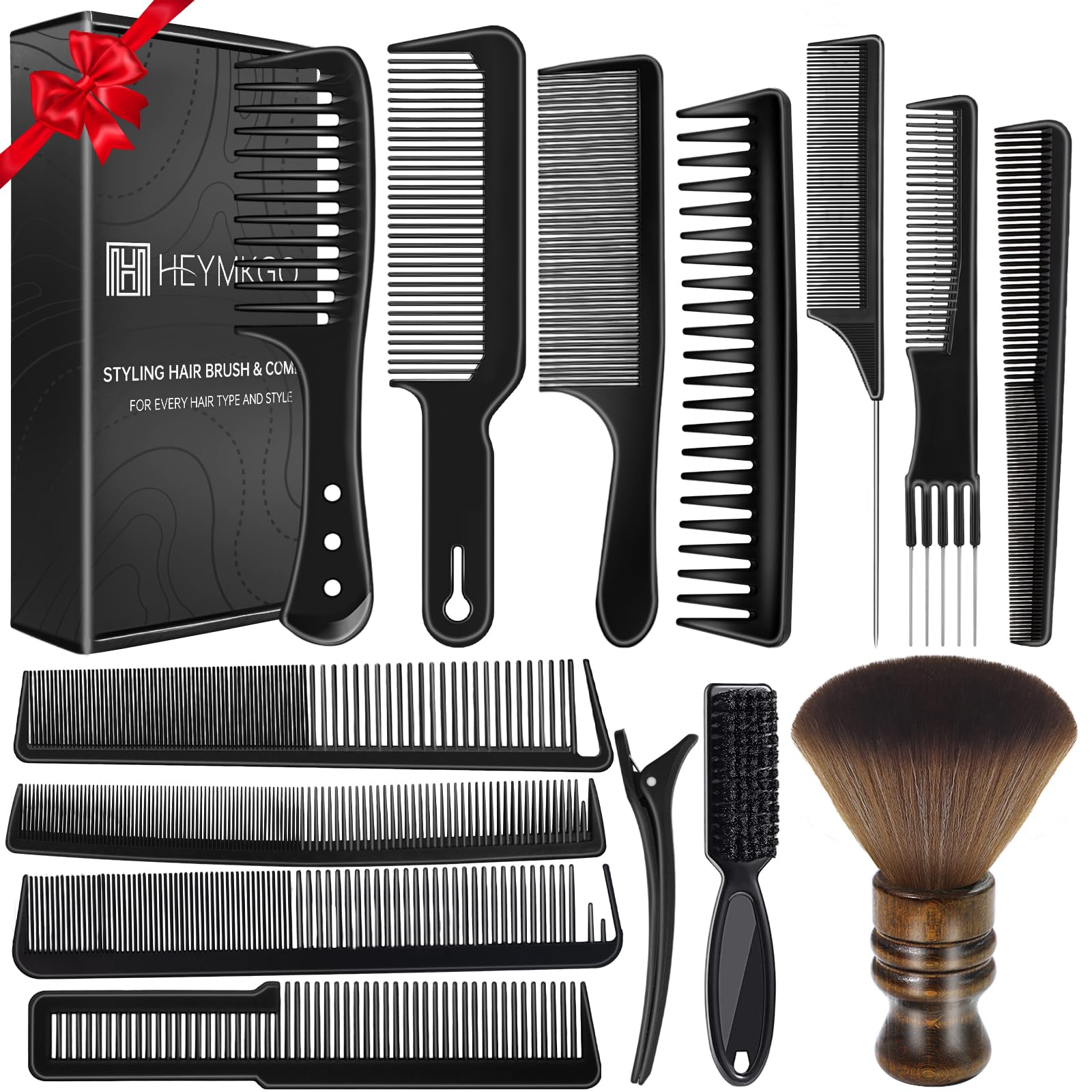 Photo 1 of HEYMKGO Barber Comb,14PCS Hair Cutting Comb Set, Professional Salon Fine and Wide Tooth Comb, Barber Clipper Brush Duster Brush, Hair Clips, Rat Tail Teasing Combs for Styling
