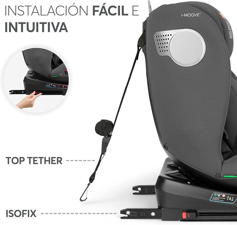 Cadeira de Bebé KikkaBoo Grupo 0 1 2 3 i-MOOVE 2, tamanho i 40–150 cm com ISOFIX, giro 360°, reclinável, apoio de cabeça ajustável, preto