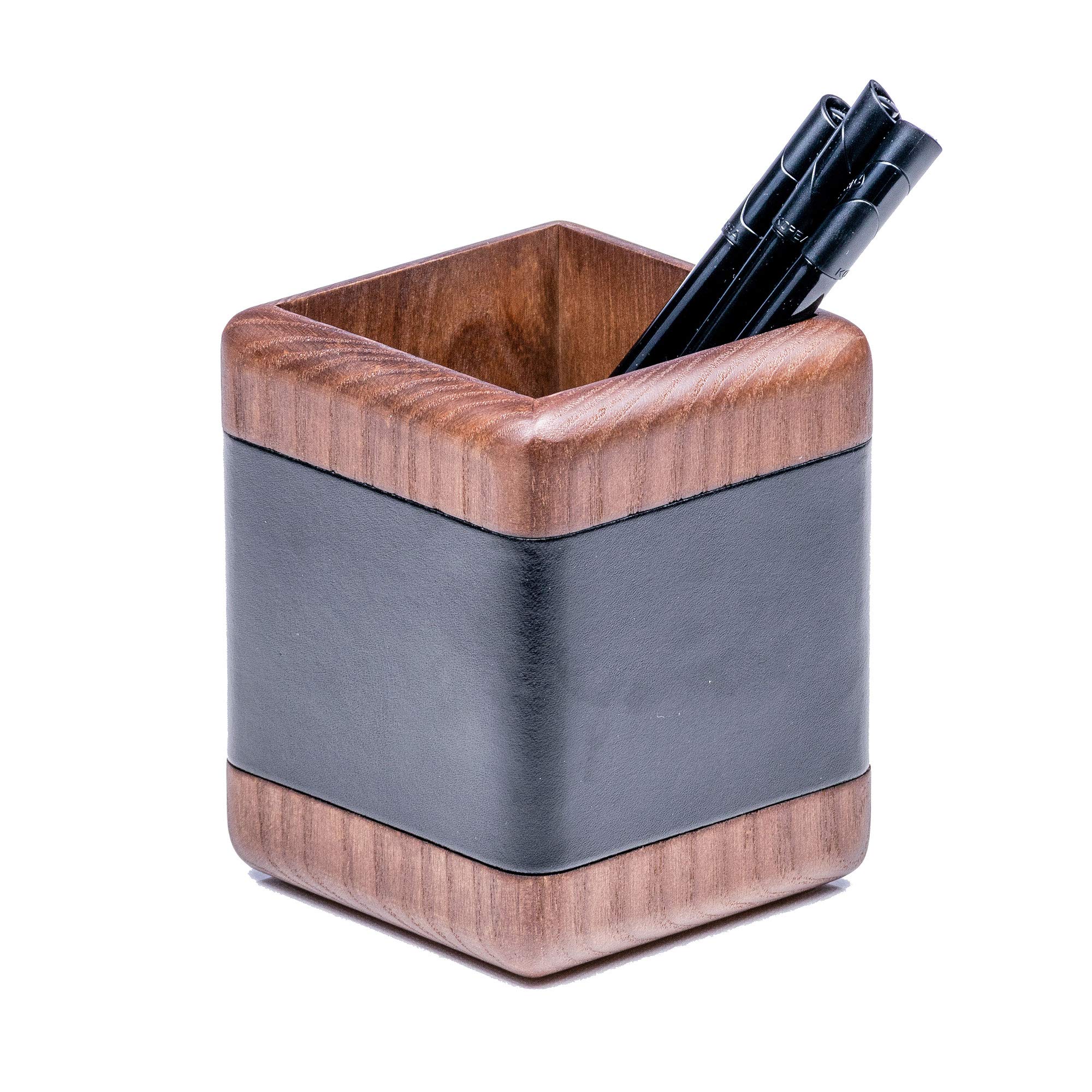 Dacasso Pencil Cup, Walnut and Black Leather