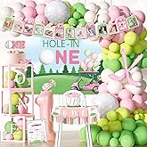Party Inspo Hole in One Birthday Decorations Girl – 111PCS Golf Theme First Party Supplies with Backdrop, Pink Green Balloon Garland, 1st Birthday Banner, Boxes, Poster for One Year Old Girl