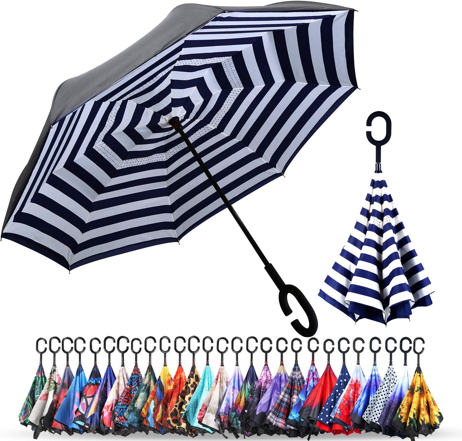 Double Layer Inverted Umbrellas Reverse Folding Umbrella Windproof UV Protection Big Straight Umbrella Inside Out Upside Down for Car Rain Outdoor With C-Shaped Handle