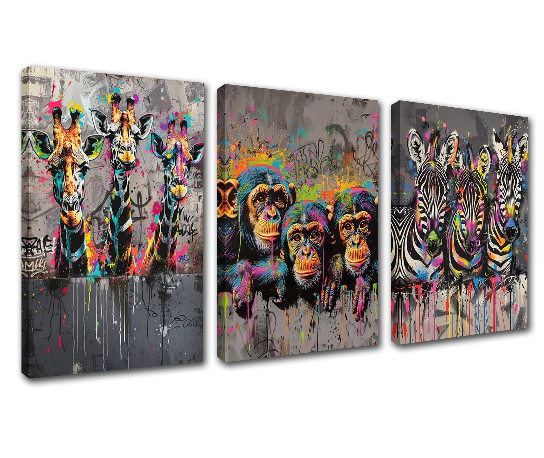 3 Piece Canvas Wall Art Graffiti Banksy Animals Pictures Giraffe Monkey Zebra Paintings Contemporary Office Artwork Street Graffiti Home Decor for Living Room Wooden Framed Ready to Hang 42”Wx20”H