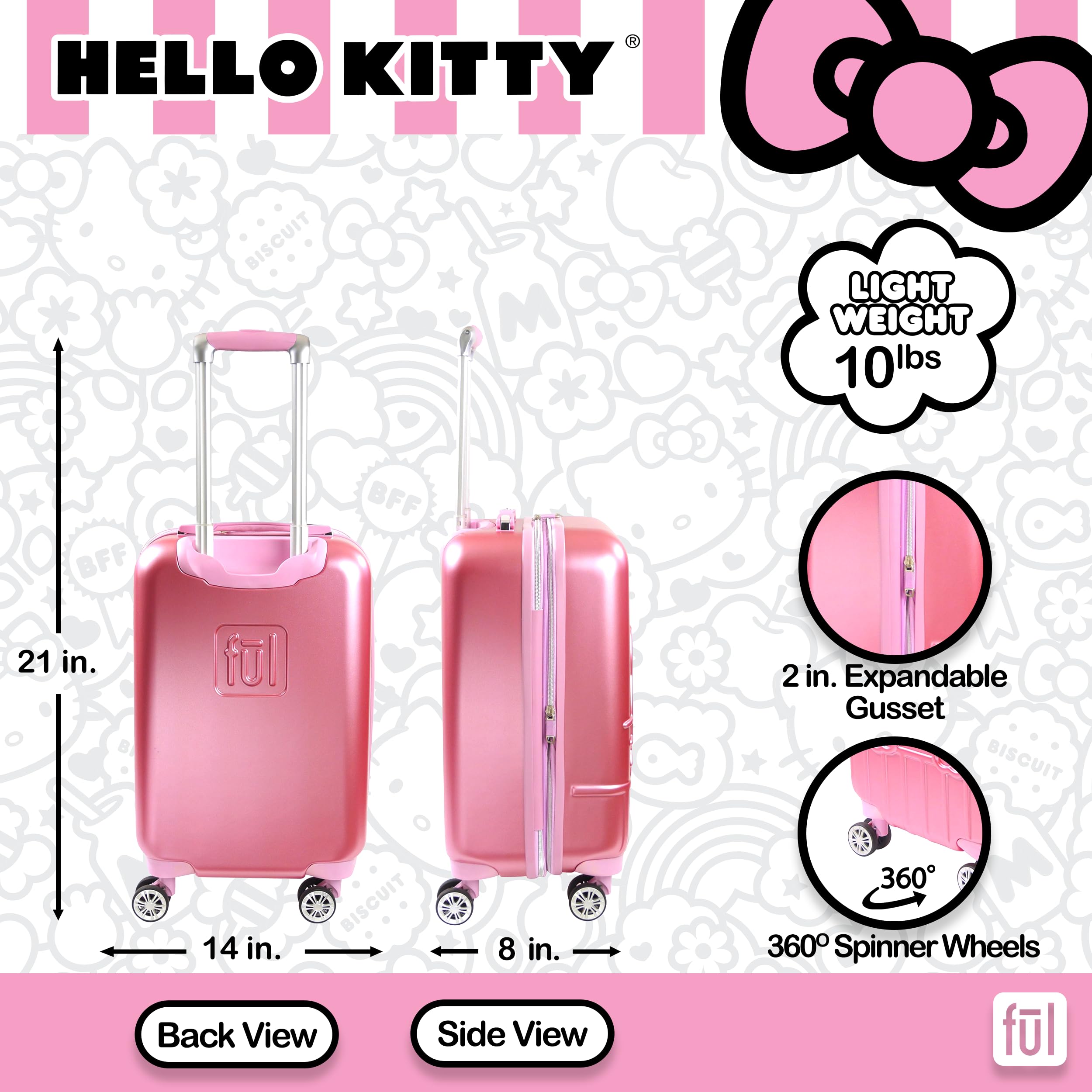 FUL Hello Kitty Carry On Luggage, Molded Hardshell Rolling Suitcase with Spinner Wheels, Pink, 21 Inch