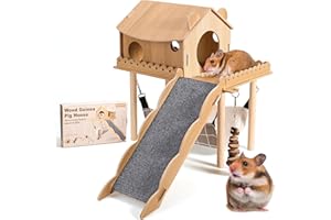WOIWORCO Wooden Guinea Pig Hideout with Soft Hammock, Guinea Pig House, Guinea Pig Castle with Guinea Pig Toys for Hamsters Piggies Playing, Sleeping and Hiding
