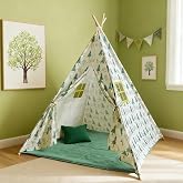 Forest Kids Teepee Tent with Mat &amp; Lights,Large for 2 Kids Indoor Play Tent | Forest Play Tent for Toddlers, Indoor Teepee Tent for Kids, Solid Pine Poles, Side Windows, Foldable Playhouse for Boys Girls