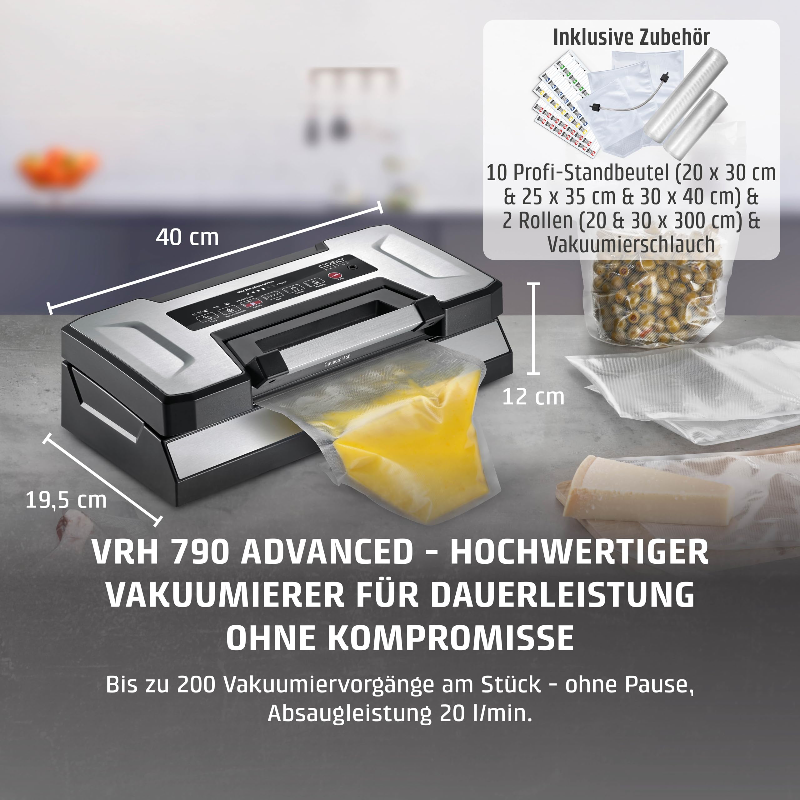 CASO VRH 790 advanced Pro - Vakuumierer, Vakuumiergerät, Testurteil Sehr Gut, 200 Vakuumiervorgänge non-stop, mit patentierter CASOTEK Liquid Funktion, doppelte Schweißnaht, inkl. Vakuumbeutel 2