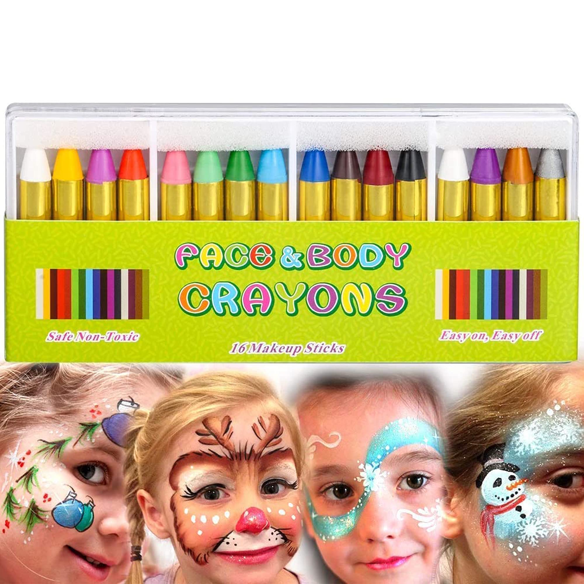 Mimoo 16 Color Face Paint Set - Body Paint Sticks, Face Painting Kit for Kids, Halloween, World Cup, Carnival Party Makeup