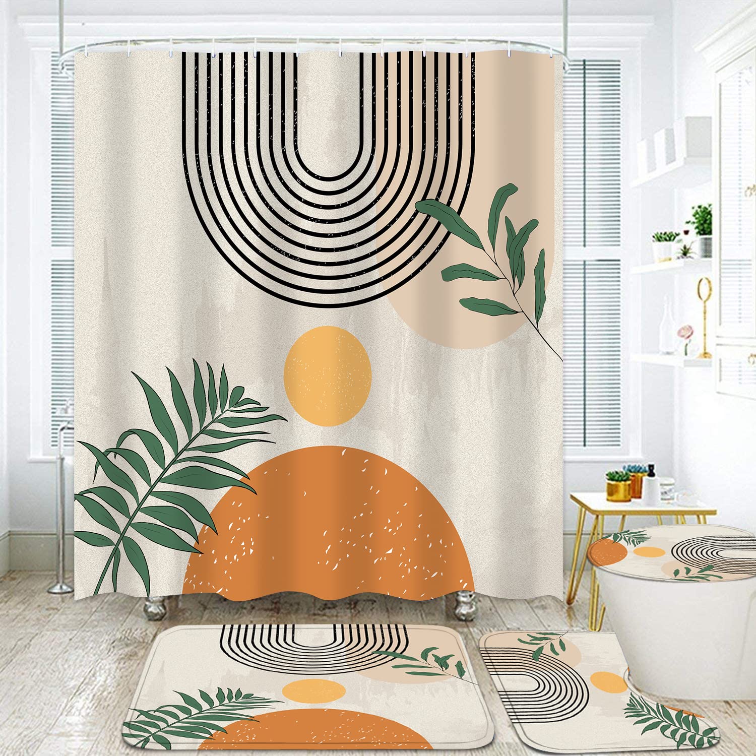 Photo 1 of FZDHHY 4PCS Boho Shower Curtain Set Retro Orange Shower Curtain Bathroom Set with Rugs Abstract Shower Curtains for Bathroom with Carpet Bath Mat Toilet Rugs