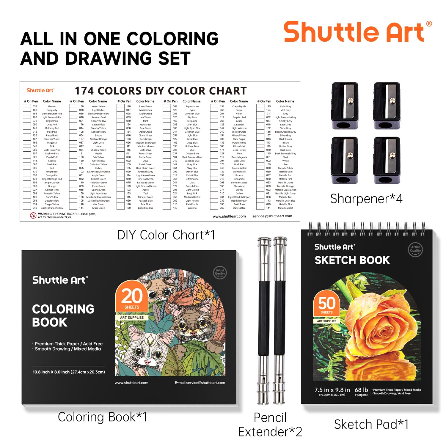 Shuttle Art 174 Buntstifte, professionelles Farbstifte Set auf Weichwachsbasis mit 1 Malbuch, 1 Skizzenbuch, 1 DIY-Malblatt, 4 Spitzern und 2 Stiftverlängerern, Buntstifte für Künstler, Erwachsene 6