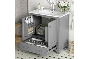 30 Inch Bathroom Vanity with Ceramic Sink, Gray Freestanding Bathroom Cabinet with Drawer Divider and Door Shelves, Soft-Clos