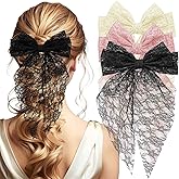 3Pcs Lace Hair Bow Clips for Women, French Bowknot Barrettes with Long Tails Large Hair Bows Double Lace Hairbows Aesthetic Bridal Accessories for Women Girls
