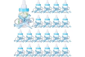 PINKXHY 80 Pcs 3.5 Inch Baby Mini Milk Bottle Baby Shower Favor with Small Plastic Bear Candy Bottle with Ribbon for Boy Girl Newborn Baptism Party Decor (Blue)