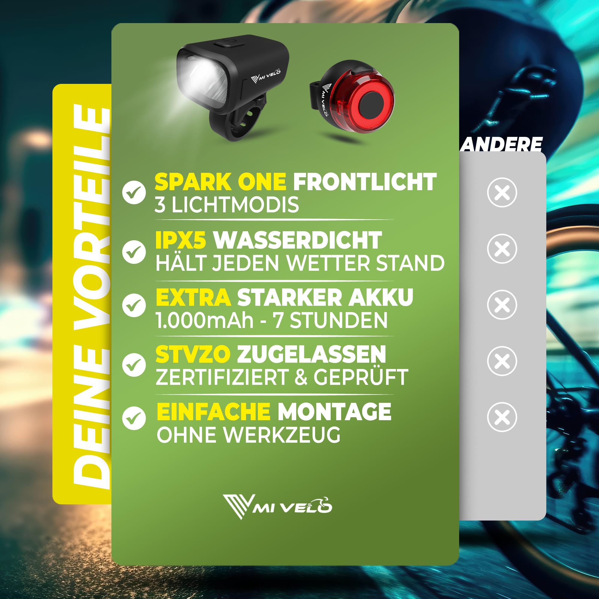 MIVELO Fahrradlicht Set mit Power-Akku, StVZO zugelassene Fahrradbeleuchtung USB aufladbar & wasserdicht, Fahrradlampe vorne & Fahrrad Rücklicht, Energieklasse A+++ (Spark ONE) 7