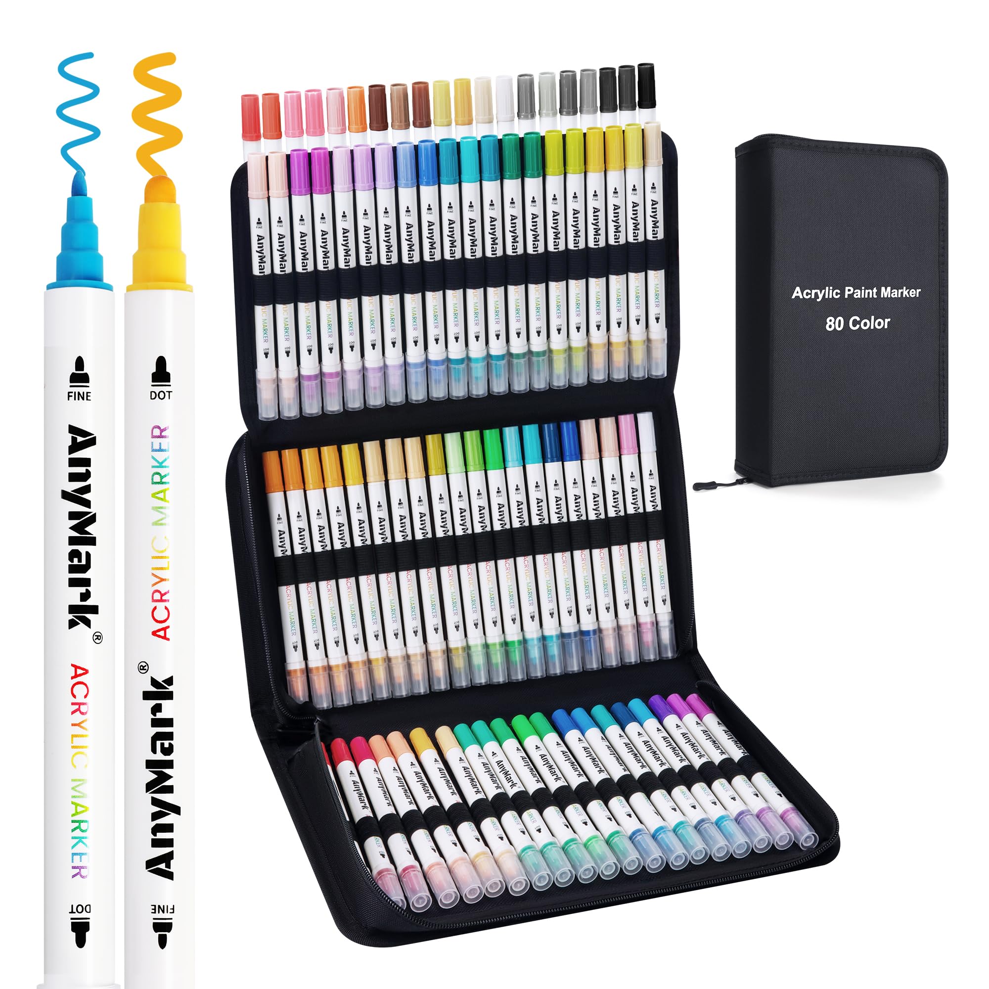 AnyMark 80 Colors Acrylic Paint Markers, Dual Tip Acrylic Paint Pens with Dot & Fine Tip, Premium Paint Markers for Coloring, Canvas, wood, Stone, Rock Painting, Glass Image
