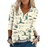 Womens Western Tops 3/4 Length Sleeve Shirts V Neck Graphic Shirts for Women Loose Casual Tunic Blouses Cactus Desert Tees