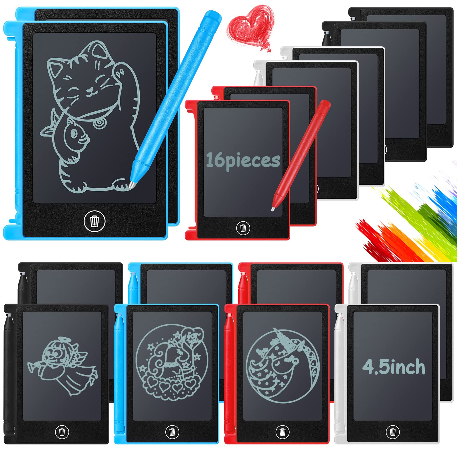 Photo 1 of Nezyo 16 Pieces 4.5 Inch Mini LCD Writing Tablet for Kids Electronic Doodle Board Colorful Drawing Tablet Bulk Erasable Writing Pad Reusable Learning Gift for Girls Boys Party Favor(Mix Colors)