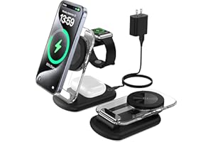 MUKIYA 3 in 1 Wireless Charging Station for Mag-Safe, Foldable Adjustable Magnetic Wireless Charger, Travel Mag-Safe Charger Stand with Light for iPhone 15/14/13/12 Series, AirPods 3/2/Pro, Apple Watch