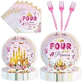 96Pcs Princess Party Plates & Napkins, Four Ever a Princess Birthday Party Tableware Set, Pink Disposable Plates, Forks, 4th Birthday Dinnerware Napkins for 24 Guests