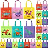 Tallew 24 Pieces Dinosaur Party Favor Bags Dinosaur Birthday Party Supplies Dino Goodie Treat Candy Gift Bags Non Woven with Handles Reusable for Birthday Decorations