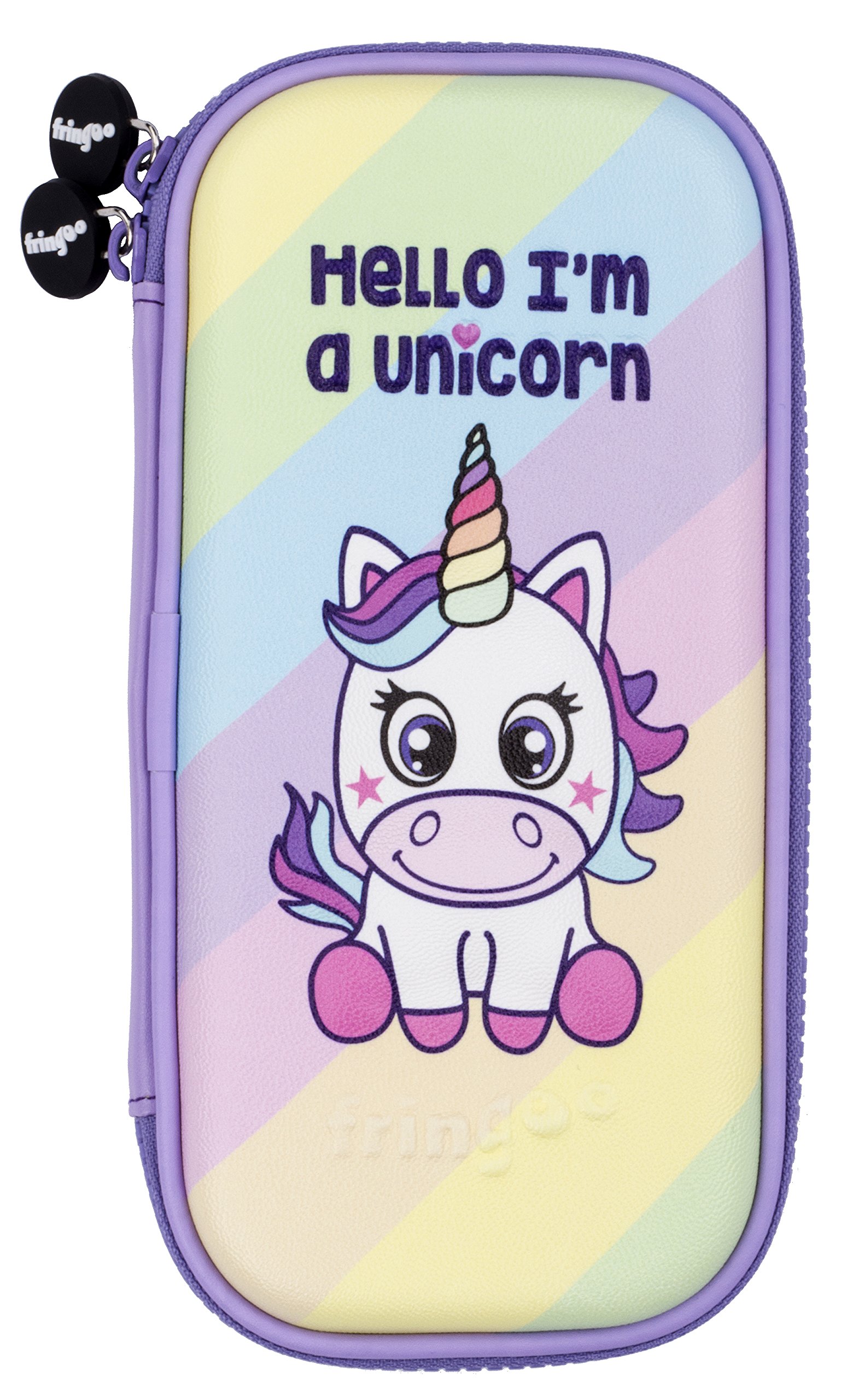 Fringoo® Kids Pencil Case Hardtop Embossed Cover Double Zipper Pencil Holder Stationery Organiser Funny Novelty Unique Unicorn Design (Hello I'm a Unicorn)