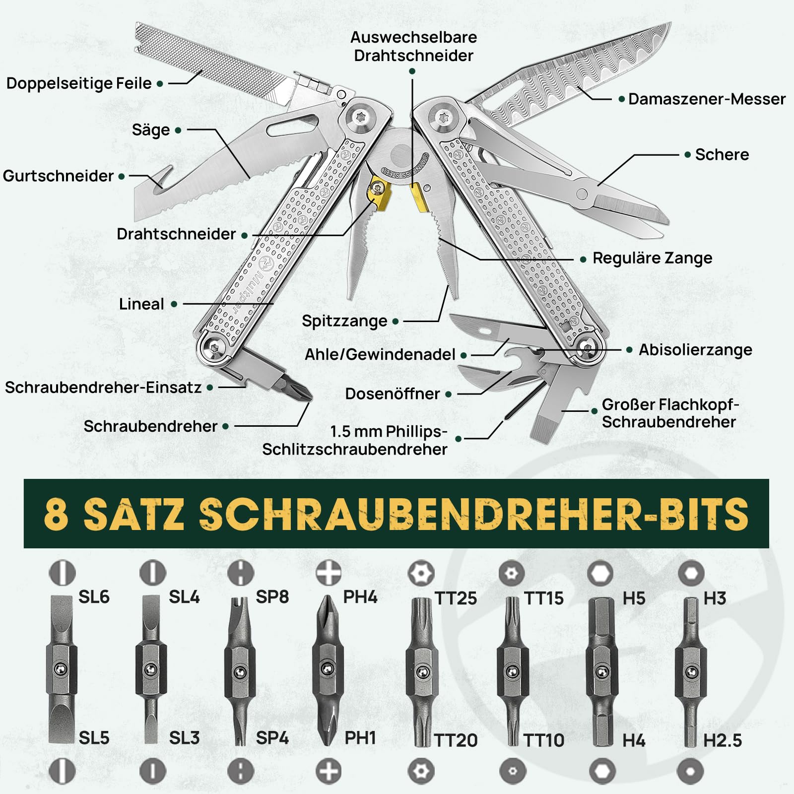 Multper Multitool Werkzeug, Geschenke für Männer, Aufgerüstetes Multi Tool Edelstahl Faltbares mit Damastmesser, Drahtschneider und Schraubendreherset, Multifunktionszange für Outdoor und Camping 2