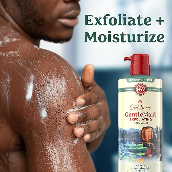 OLD SPICE GENTLEMAN’S EXFOLIATING & MOISTURIZING BODY WASH FOR MEN, 24/7 SHOWER FRESH WITH LONG LASTING SCENT, RENEWING VITAMIN B3 BLEND, SANDALWOOD + ALOE VERA SCENT, 26 OZ