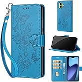 Designed for iPhone 17 Case Wallet,Women Flip Folio Cover with Embossed PU Leather Stand Credit Card Holders Slots Wrist Strap Phone Case for iPhone 17 6.3 inch (Blue Butterfly)