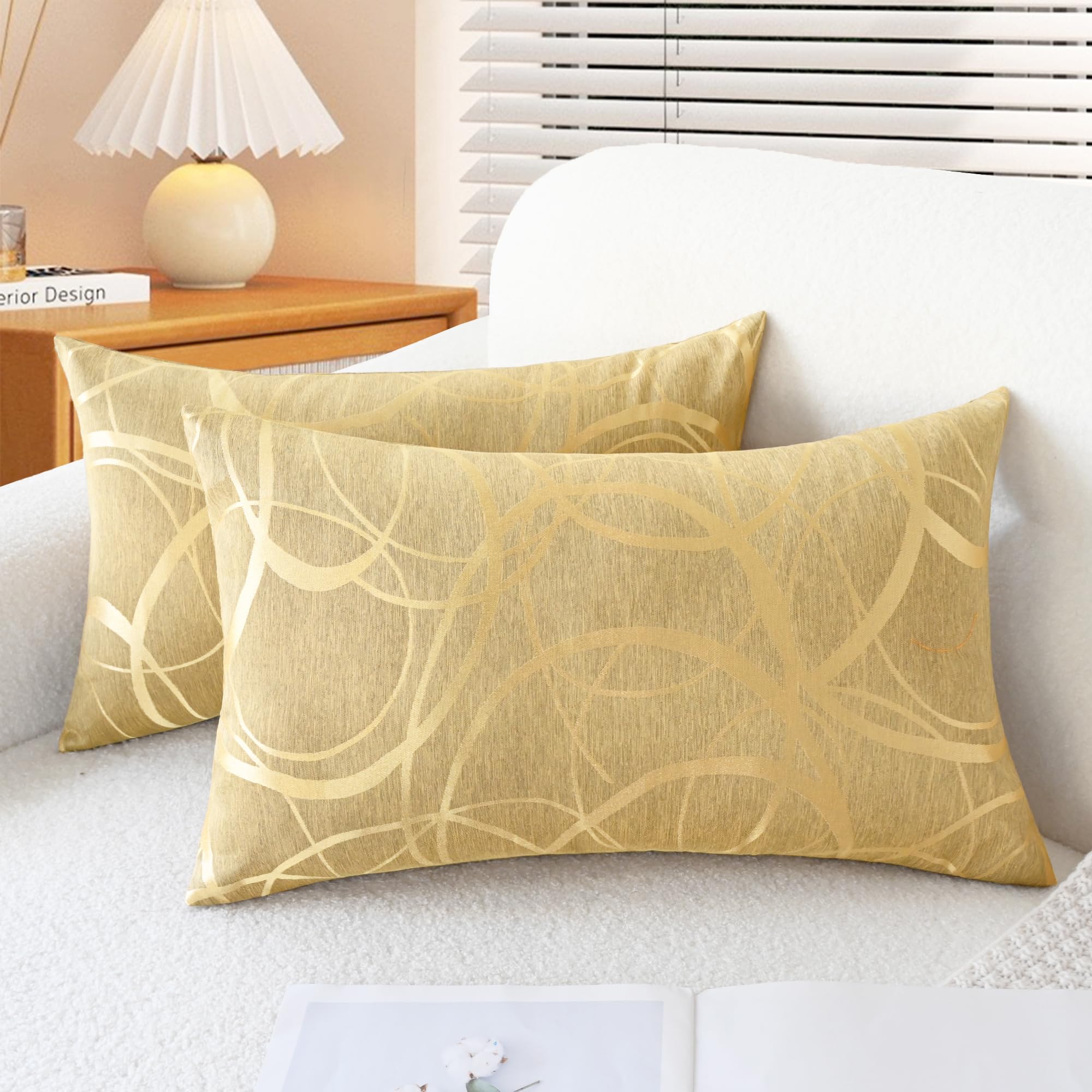 CaliTime Pack of 2 Cushion Covers Bolster Pillow Cases Shells for Couch Sofa Home Decor Modern Shining & Dull Contrast Circles Rings Geometric 30cm X 50cm Gold — image 1