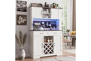 JOCOEVOL 72" Coffee Bar Cabinet with Power Outlet & LED Light, Farmhouse Large Kitchen Hutch with Sliding Barn Door, Tall Bar Cabinets with Storage Drawers & Wine Glass Rack,Pantry China Cabinet for Home,White
