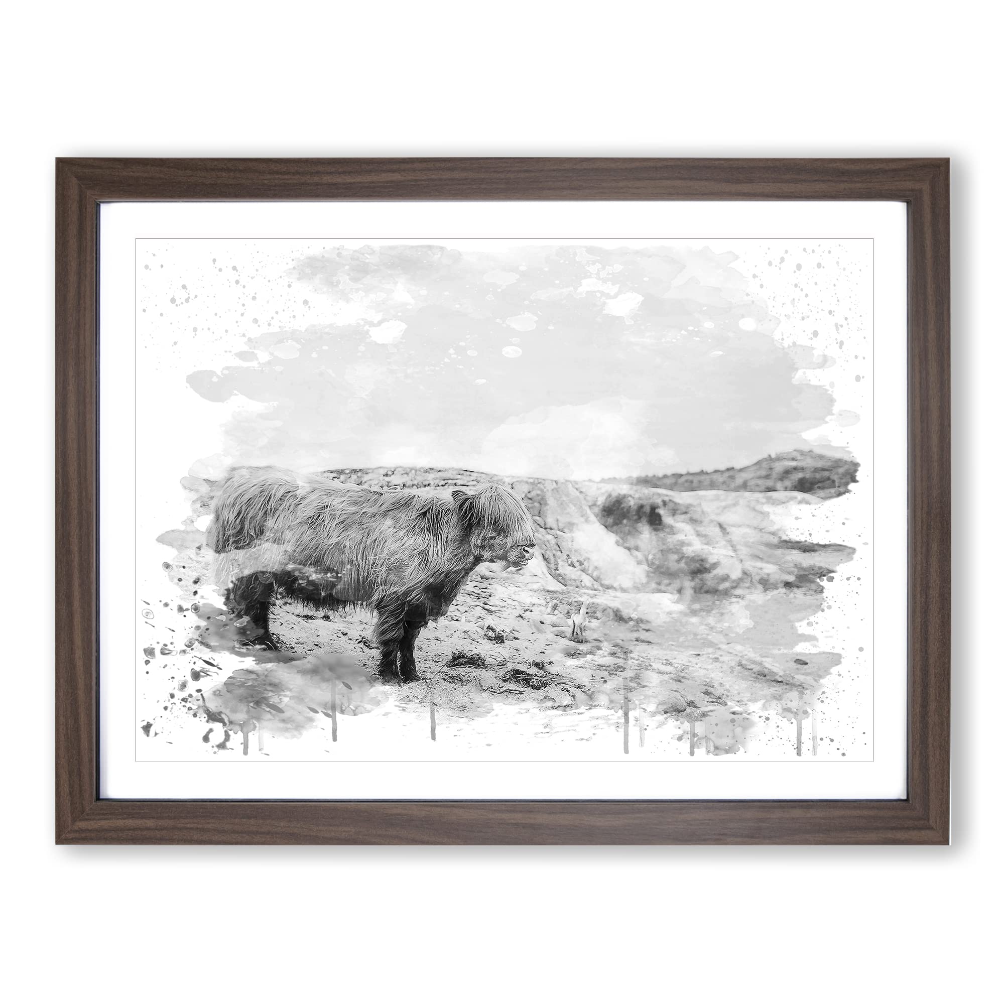 Highland Cow Landscape V4 Modern Framed Wall Art Print, Ready to Hang Picture for Living Room Bedroom Home Office Décor, Walnut A4 (34 x 25 cm)