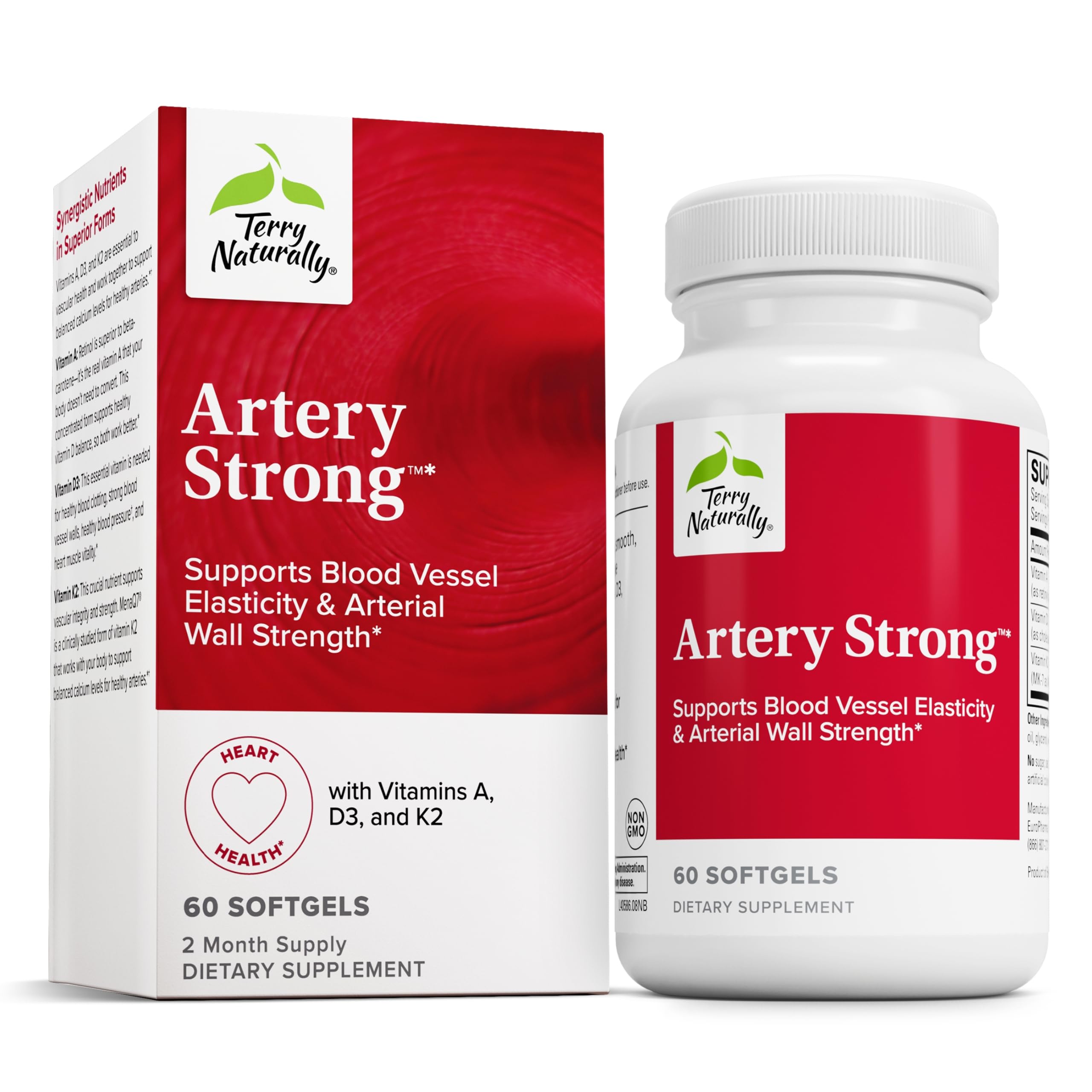 Terry Naturally Artery Strong - Cardio Health & Vascular Elasticity and Strength Support - Cardiovascular Support Supplement with Vitamins A & D3 - Aids Blood Vessel Elasticity - 60 Softgels