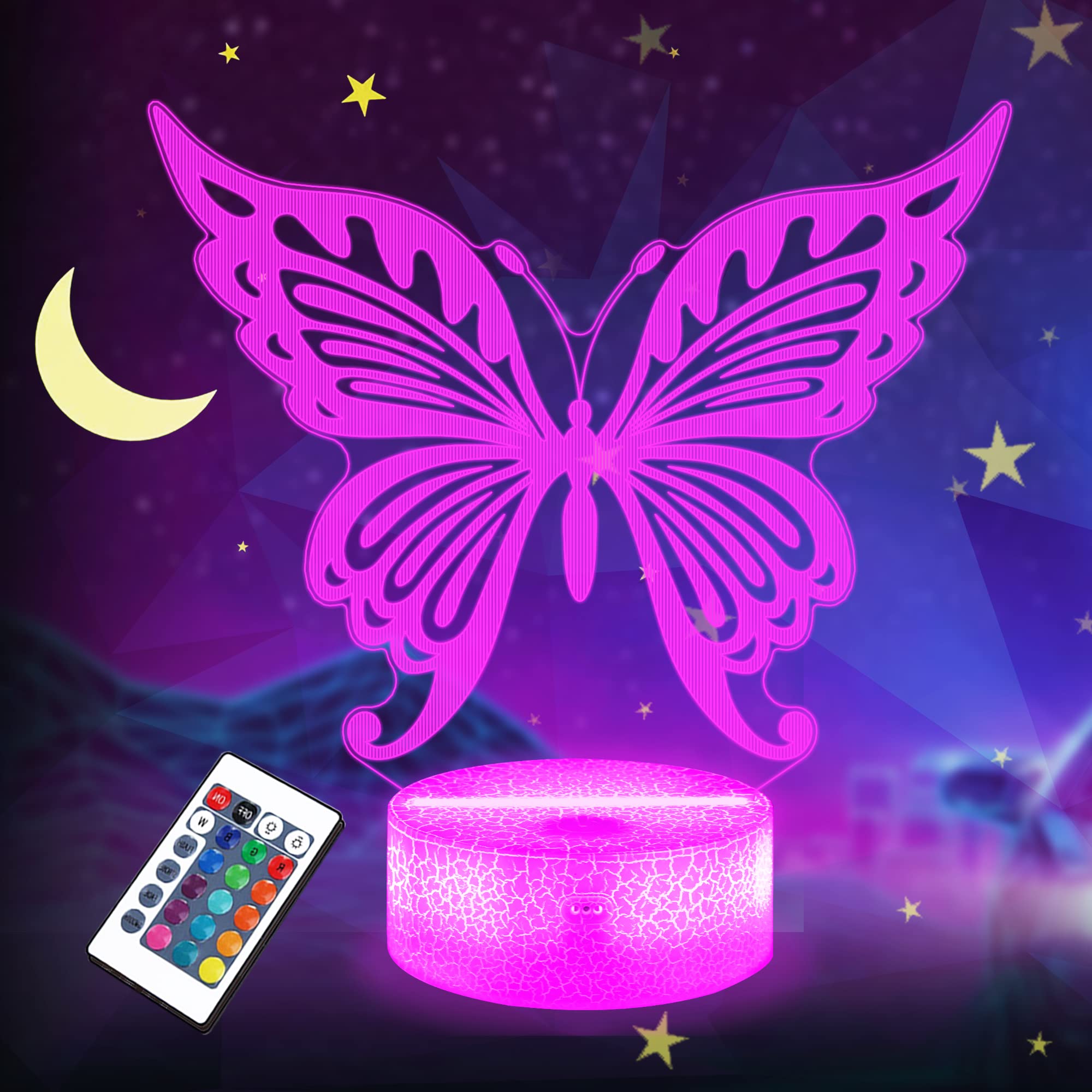 Butterfly Gifts, 3D Girl Night Light LED Illusion Lamp with Remote Control + 16 Colors Changing + Timing + Dim Function, Decoration Birthday Gifts for Baby Boy Girl