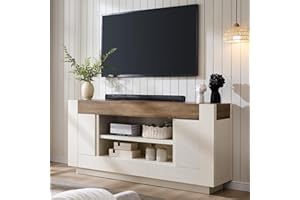 OKD Modern 70" TV Stand, Entertainment Center for TVs Up to 80", Media Console with Large Open Storage & Side Cabinets, Thick Wood Design for Living Room, Antique White