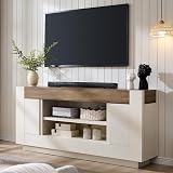 OKD Modern 70" TV Stand, Entertainment Center for TVs Up to 80", Media Console with Large Open Storage & Side Cabinets, Thick Wood Design for Living Room, Antique White