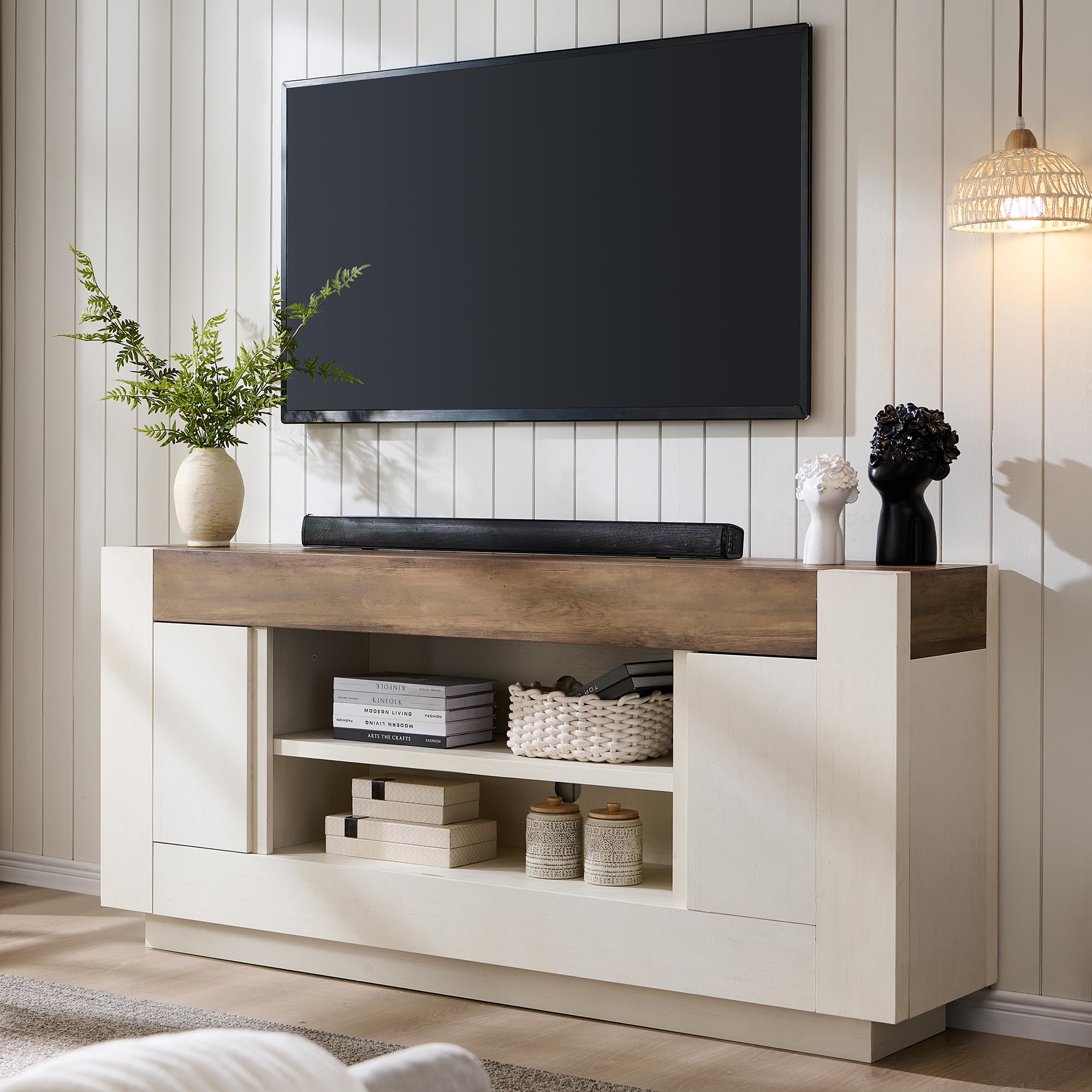 OKD Modern 70" TV Stand for 80" TV, Thick Block Media Console,Antique White