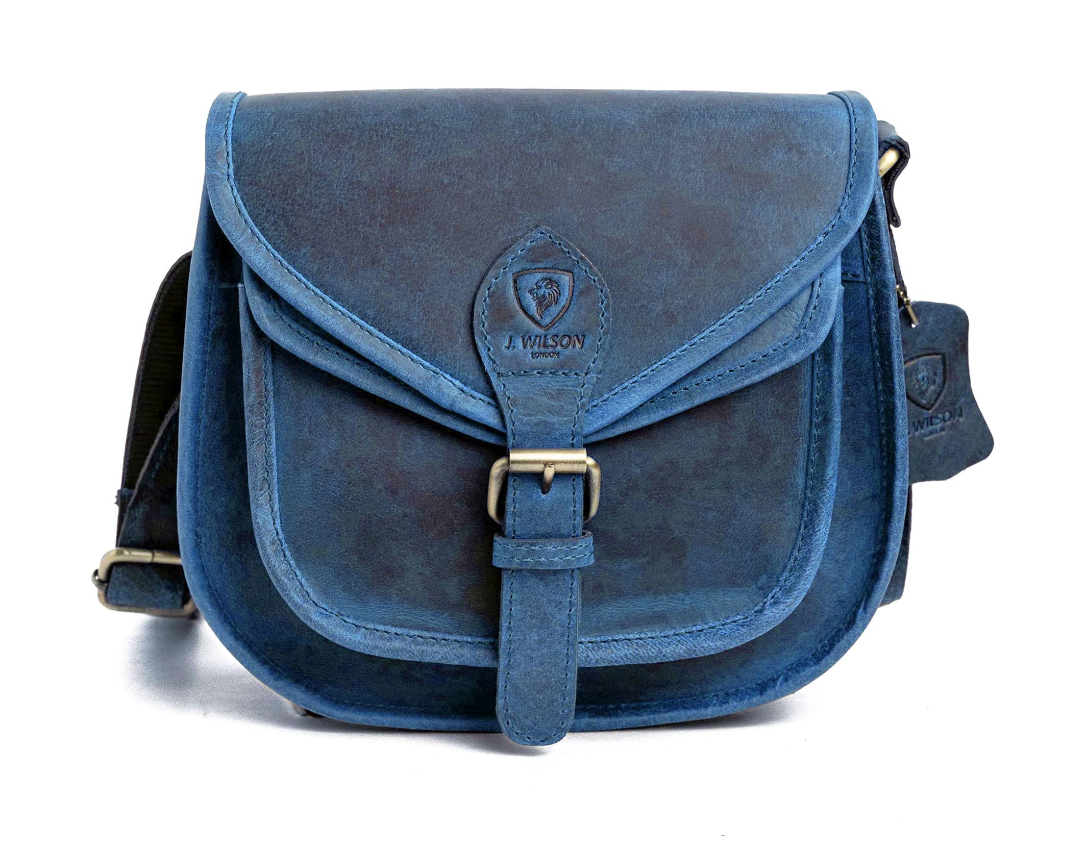 J. Wilson London - Designer Genuine Real Distressed Retro Vintage Hunter Leather Handmade Women Ladies Unisex Flapover Gypsy Festival Travel Satchel Everyday Crossover Shoulder Bag (Distressed Blue)
