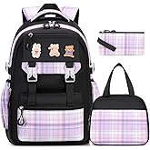 DIGOBAY 3PCS School Backpack for Girls, Girls Backpack with Lunch Box, Pencil Case, Cute Kawaii Plaid Book Bag for Teen Girl Kindergarten Elementary Preschool Middle High School