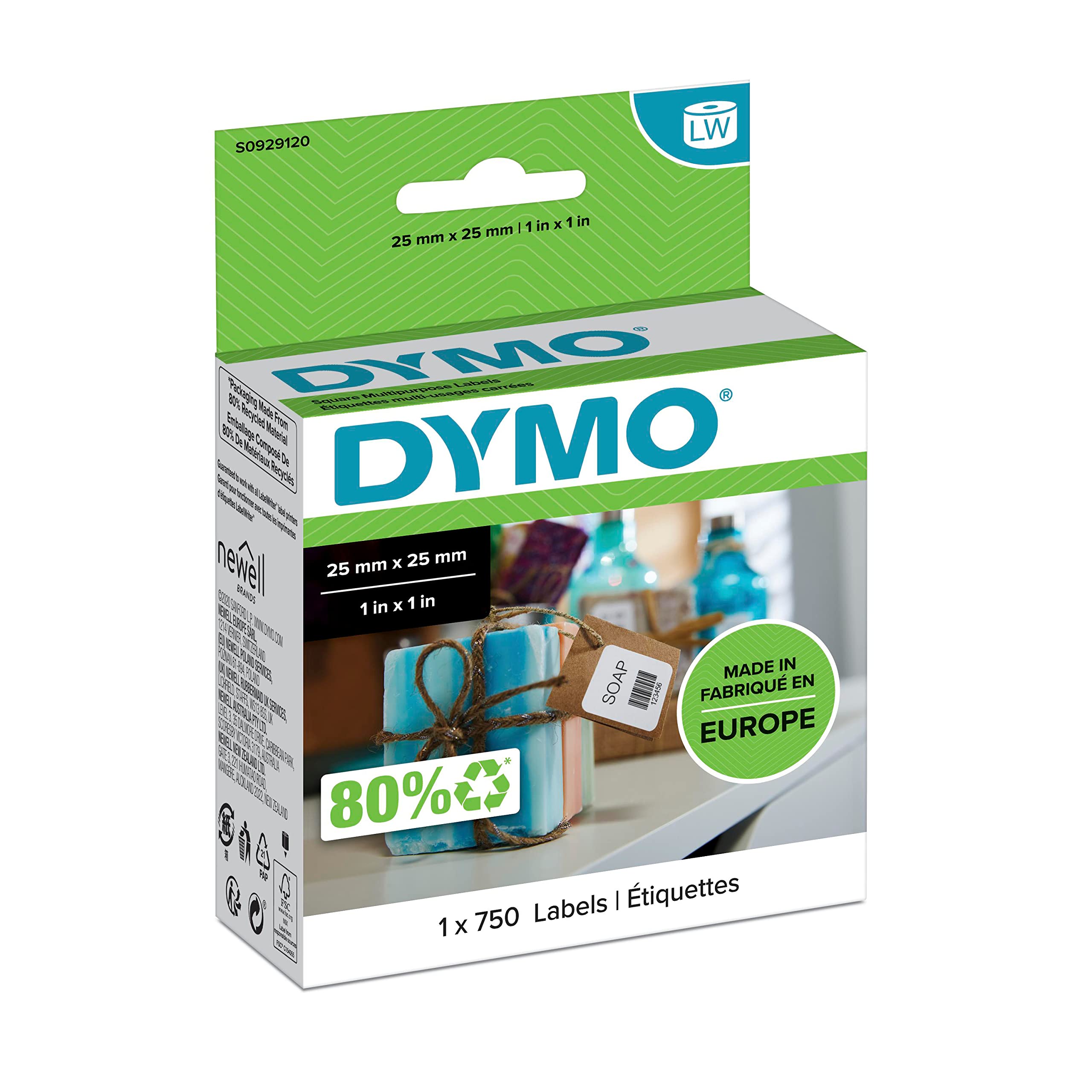 DYMO Authentic LabelWriter Small Multi-Purpose Labels | 25mm x 25mm | Roll of 750 Easy-Peel Labels | Self-Adhesive | for LabelWriter Label Makers