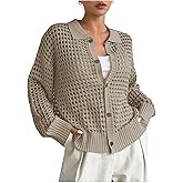 QWINEE Women's Crochet Cardigan Sweater Lightweight Cardigan Hollow Out Sweater Long Sleeve Button Down Knit Top