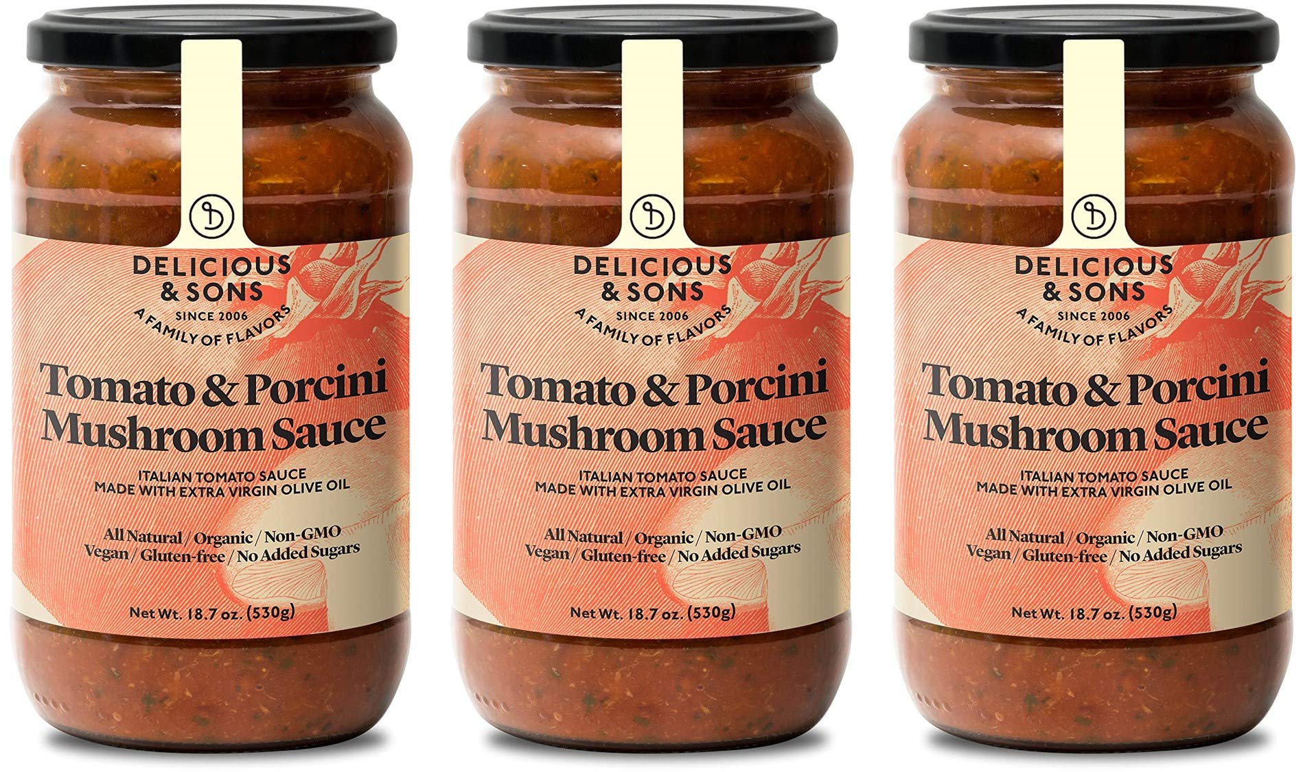 Delicious & Sons - Organic Italian Tomato & Porcini Mushroon Pasta Sauce 18.70 oz (Pack of 3)- Non-GMO - Gluten-free - Vegetarian and Vegan - Paleo and Keto - No Added Sugars