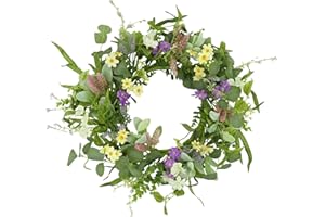 YNYLCHMX 18" Spring Wreaths for Front Door Summer Wreath with Multi-Colored Flower & Green Eucalyptus Leaves, Artificial Wreath Green Foliage Wreath for Wall Window Farmhouse Party Holiday Home Decor