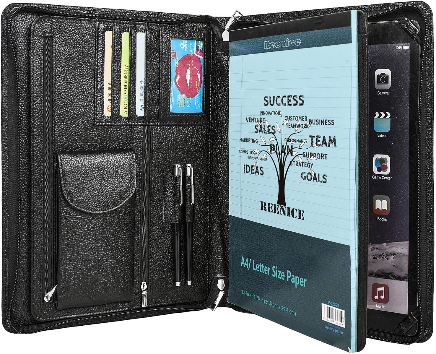 Genuine Leather Portfolio Padfolio Office Organizer Cowhide Business Handmade Briefcase Folio Card Pad Holder for Conference Letter Size/ A4 Legal Pad Zippered Folder for 10.5/11" iPad Pro/Air
