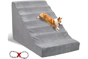 LITAIL Dog Steps for Small Dogs for High Bed, 8 Tiers Extra Wide Foam Pet Stairs & Steps for Cats -Portable Dog Stairs with Handle, Non-Slip Bottom Dog Ramp, Grey, 24.4" High (with Rope Toy)