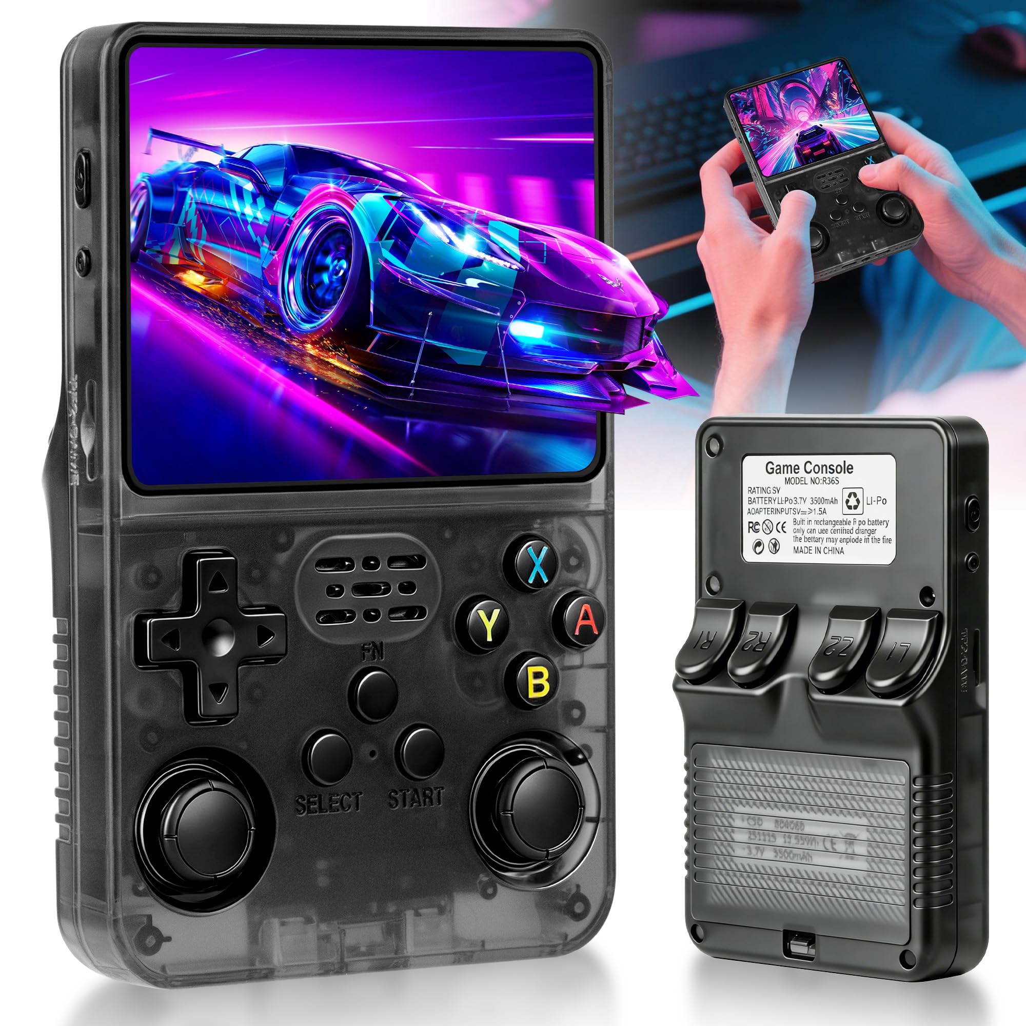 Photo 1 of R36S Retro Game Console, Handheld Game Console with 3.5-in IPS HD Screen?Video Game Consoles with 64GB Memory, Ultra-Long Standby Time, Perfect for Travel & Outings, Gift for Adults Teens Kids (Black)