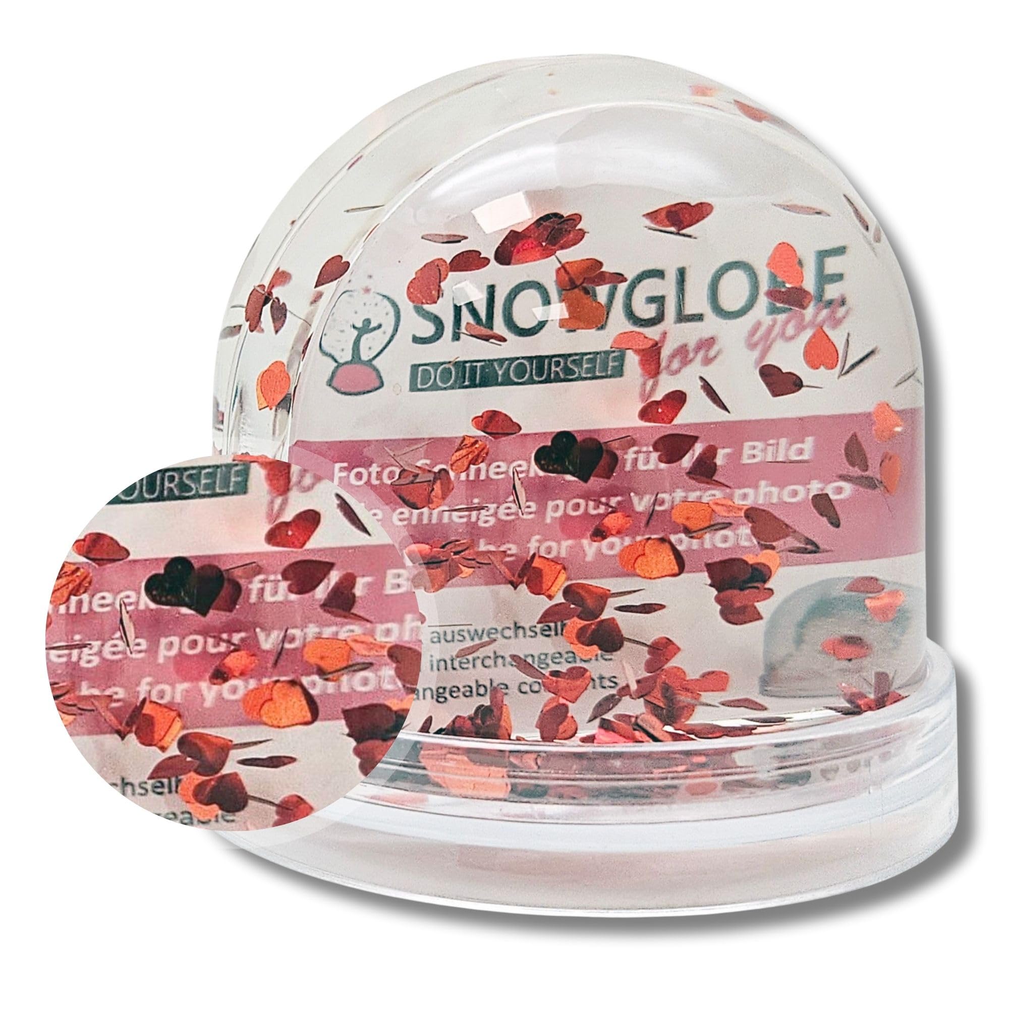 Photo Snow Globe Large with Hearts Red with 2 x Pictures Front and Back Transparent Base Width 9 cm Height 8 cm 2 Colouring Pages Photo Gift Love Picture Frame 50009